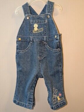 🐇 Baby Bell Vintage Blue Denim Bib Overalls W Bunny & Chick Embroidery 6 Months